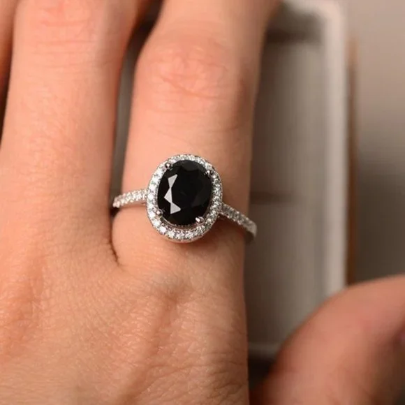 *NEW Silver Black Onyx Diamond Halo Oval Cut Ring - Picture 2 of 4